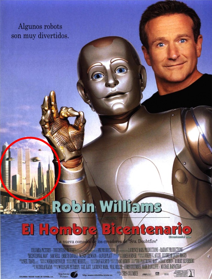 Bicentennial Man 1999. Notice the planes around the Twin Towers. Also, the "Ok" symbol is Illuminati representing three sixes. 666.
