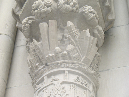 Towers falling in pillar of New York’s St. John the Divine Cathedral – sculpted in 1997.