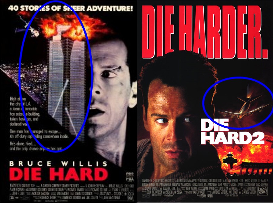 Die Hard 1988 - 1990. The two poster compliment each other. Notice the One eye symbolism of the Illuminati.