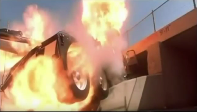 Terminator 2. Truck smashes into "Caution 9'11" sign, causing fireball.