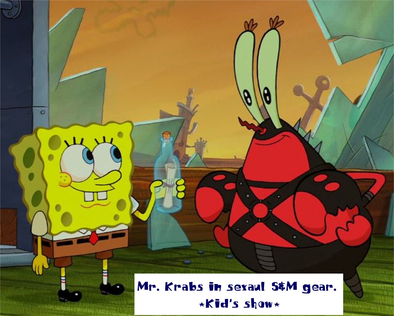 Mr. Krabs in sexaul S&M gear. Kid's shown Mr. Krabs in seraul sem gear.