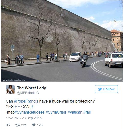 --Twitter update, lives behind HUGE wall at Vatican.