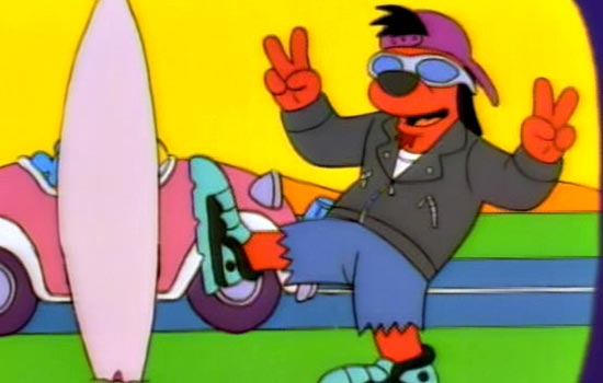 The Simpsons: Poochie. They cleverly demonstrated what has plagued our entertainment for decades, b/c writers run out of ideas, --like having every pop-culture icon happen to wander through Springfield. What are the odds!