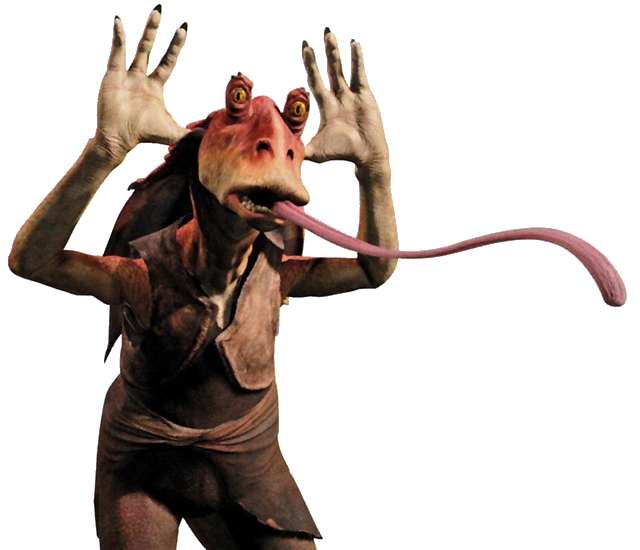 Star Wars: Jar Jar Binks. Is he gay? Is he a black slave on the plantation suckin' up to the massa? Ugh! We shouldn't be surprised, don't you remember the childish Battle of Endor scenes? No wonder Harrison Ford wanted his character killed off.