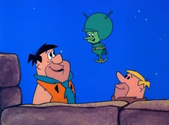 The Flintstones: The Great Gazoo. Proof positive the writers were heavily into LSD. That's the only way this makes any sense, --and it still doesn't. But I guess if you have Brontosaurus (245 Million B.C.) AND Sabre Toothed Tigers (10,000 B.C.) in the same time period, why not a space-traveling demonic gremlin show up and terrorize Fred and Barney?