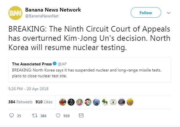 trump jew tweet - Banana News Network v Breaking The Ninth Circuit Court of Appeals has overturned Kim Jong Un's decision. North Korea will resume nuclear testing. The Associated Press Breaking North Korea says it has suspended nuclear and longrange missi