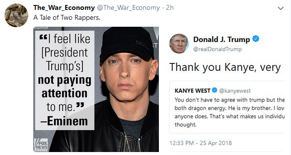 ابراج التبريد - The_War_Economy . 2h A Tale of Two Rappers. Donald J. Trump Trump Thank you Kanye, very | feel President Trump's not paying attention to me. Eminem Kanye West You don't have to agree with trump but the both dragon energy. He is my brother.