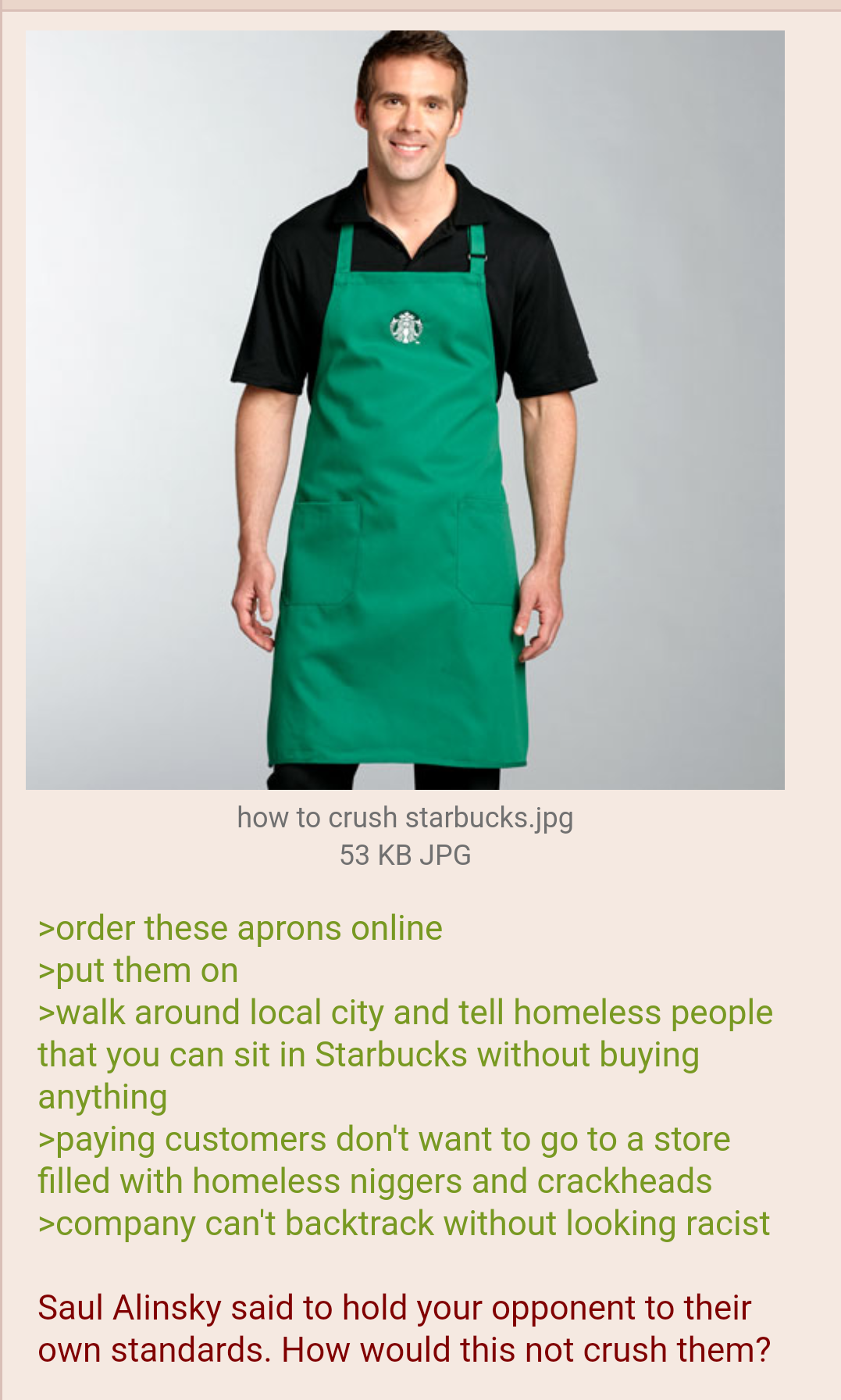 dress - how to crush Starbucks.jpg 53 Kb Jpg >order these aprons online >put them on >walk around local city and tell homeless people that you can sit in Starbucks without buying anything >paying customers don't want to go to a store filled with homeless 