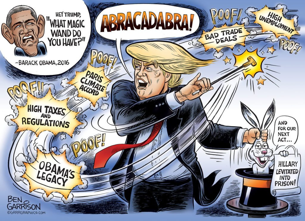 ben garrison cartoons - Hey Trump, High Unemployment "What Magic 'War Music Abracadabra! Pofl metode a Pool Wand Do You Have?" Bad Trade Deals Dos Barack Obama,2016 Paris Climate Accord "High Taxes And Regulations And For Our Next Act... Doof! Obama'S Leg