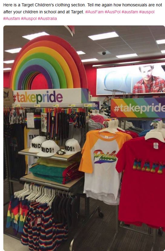 target kids pride section - Here is a Target Children's clothing section. Tell me again how homosexuals are not after your children in school and at Target takepride isike Fade Prido Ride! 10 !