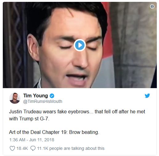 trudeau eyebrow gif - Tim Young HisMouth Justin Trudeau wears fake eyebrows... that fell off after he met with Trump st G7 Art of the Deal Chapter 19 Brow beating. people are talking about this