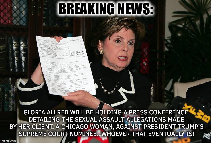gloria allred memes - Breaking News Gloria Allred Will Be Holding A Press Conference Detailing The Sexual Assault Allegations Made By Her Client, A Chicago Woman, Against President Trump'S Supreme Court Nominee...Whoever That Eventually Is! imgflip.com