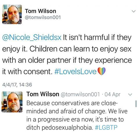 animal - Tom Wilson It isn't harmful if they enjoy it. Children can learn to enjoy sex with an older partner if they experience it with consent. 4417, Tom Wilson .04 Apr Because conservatives are close minded and afraid of change. We live in a progressive