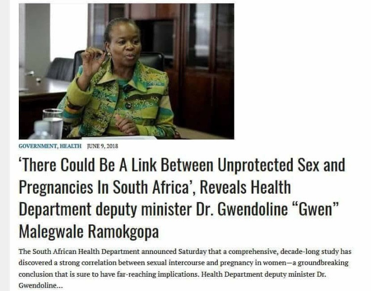 there could be a link between unprotected - Government, Health 'There Could Be A Link Between Unprotected Sex and Pregnancies in South Africa', Reveals Health Department deputy minister Dr. Gwendoline "Gwen Malegwale Ramokgopa The South African Health Dep