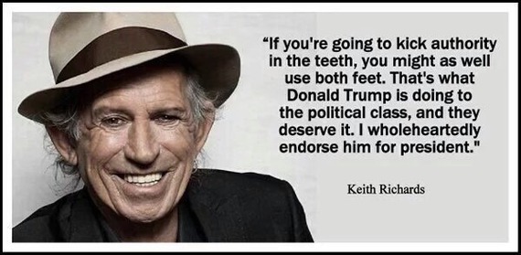 keith richards endorse trump - "If you're going to kick authority in the teeth, you might as well use both feet. That's what Donald Trump is doing to the political class, and they deserve it. I wholeheartedly endorse him for president." Keith Richards