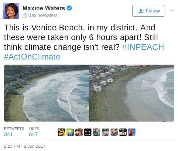 maxine waters climate change - Maxine Waters Waters This is Venice Beach, in my district. And these were taken only 6 hours apart! Still think climate change isn't real? 341647 B Op