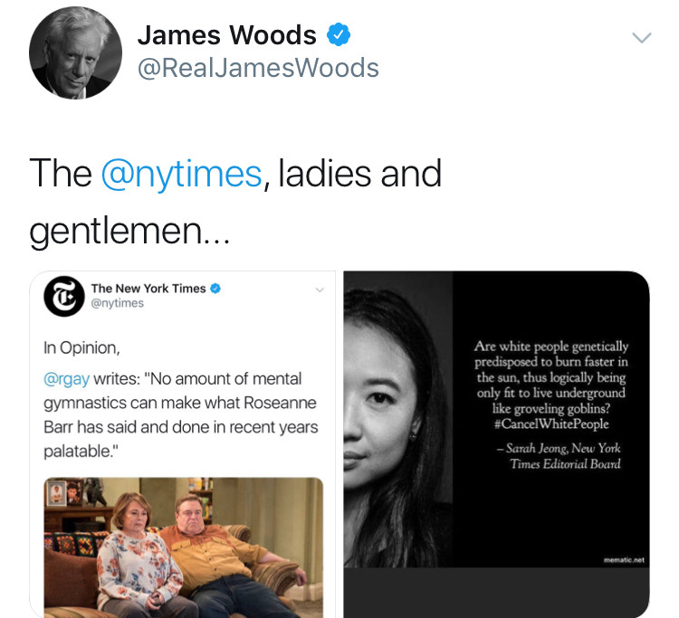 conversation - James Woods The , ladies and gentlemen... The New York Times In Opinion writes "No amount of mental gymnastics can make what Roseanne Barr has said and done in recent years palatable." Are white people genetically predisposed to burn faster