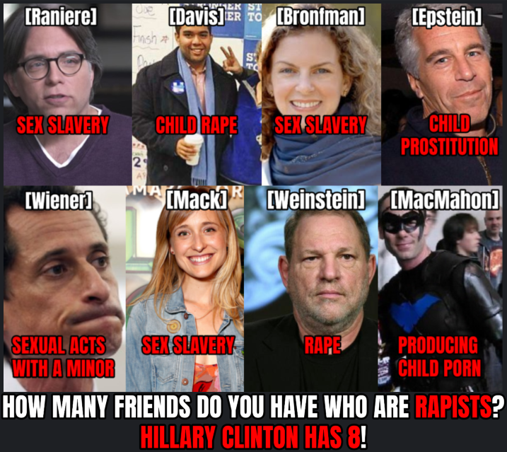 sara bronfman - Raniere Davis Er to Brontman Epstein Sex Slavery Child Rape Sex Slavery Child Prostitution Wiener Mack Weinstein MacMahon Rape Sexual Acts Ser Slavery Producing With A Minor Child Porn How Many Friends Do You Have Who Are Rapists? Hillary 