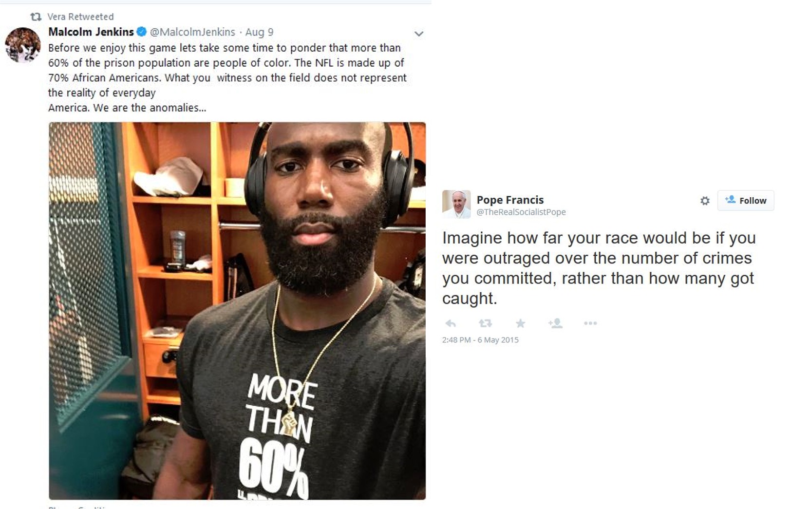 beard - Vera Retweeted Malcolm Jenkins Jenkins Aug 9 Before we enjoy this game lets take some time to ponder that more than 60% of the prison population are people of color. The Nfl is made up of 70% African Americans. What you witness on the field does n
