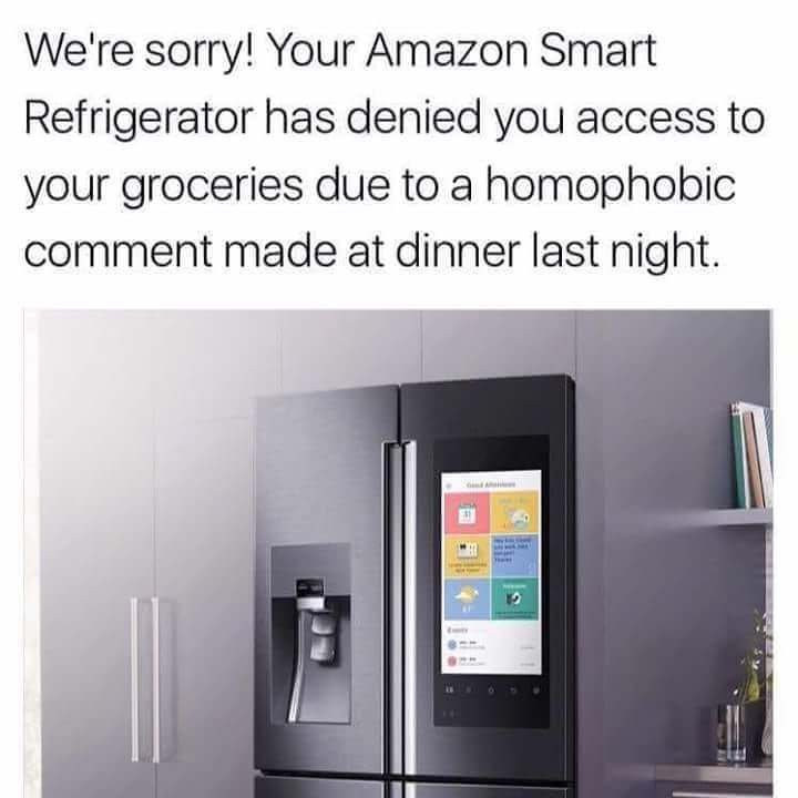 Meme - We're sorry! Your Amazon Smart Refrigerator has denied you access to your groceries due to a homophobic comment made at dinner last night.