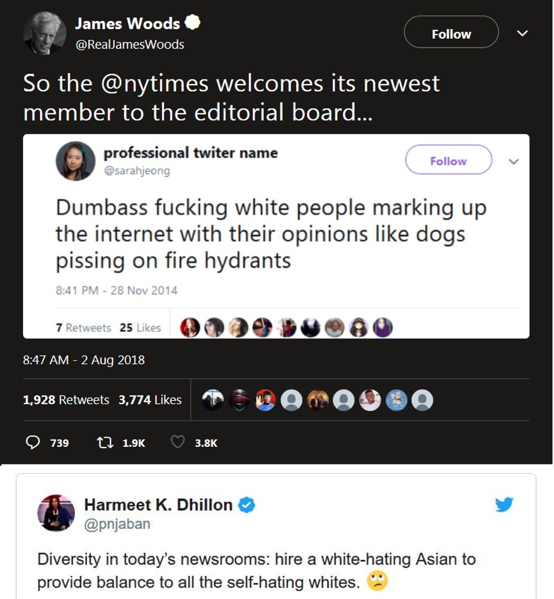 screenshot - James Woods Woods So the welcomes its newest member to the editorial board... professional twiter name v Dumbass fucking white people marking up the internet with their opinions dogs pissing on fire hydrants 7 25 00905 0 7 25 1,928 3,774 1 00