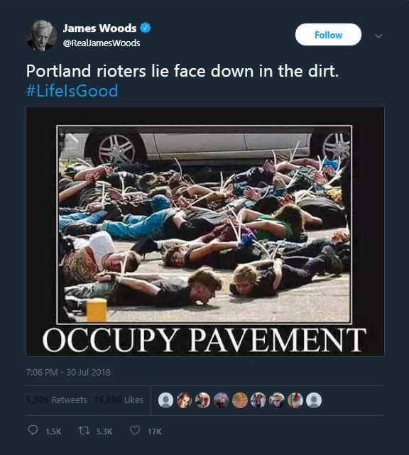 memes - James Woods Woods James Woods Portland rioters lie face down in the dirt. Occupy Pavement 5206 16.696 0 D O Go 17 17K