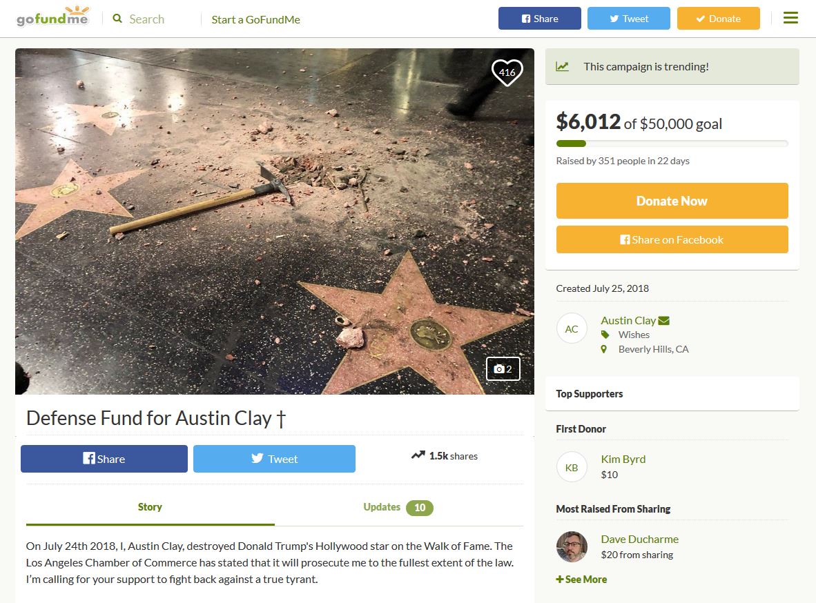 memes - website - gofundme Q Search Start a GoFundMe y Tweet Donate landia This campaign is trending! $6,012 of $50,000 goal Raised by 351 people in 22 days Donate Now f on Facebook Created Ac Austin Clay Wishes Beverly Hills, Ca O2 Top Supporters Defense