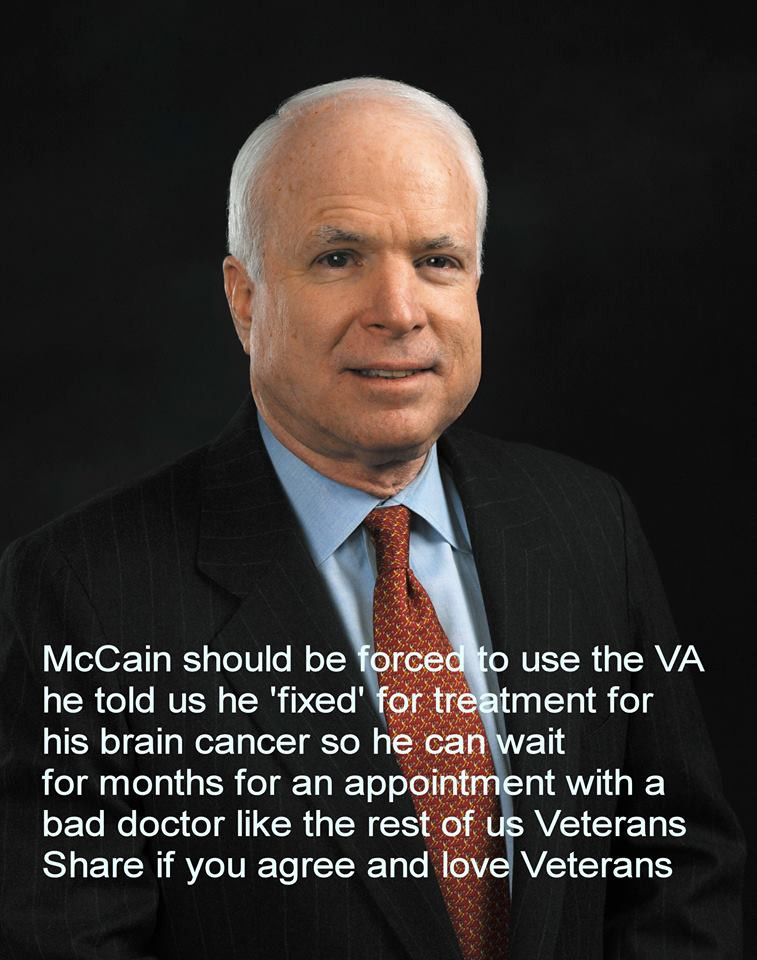 dank pristina - McCain should be forced to use the Va he told us he 'fixed' for treatment for his brain cancer so he can wait for months for an appointment with a bad doctor the rest of us Veterans if you agree and love Veterans