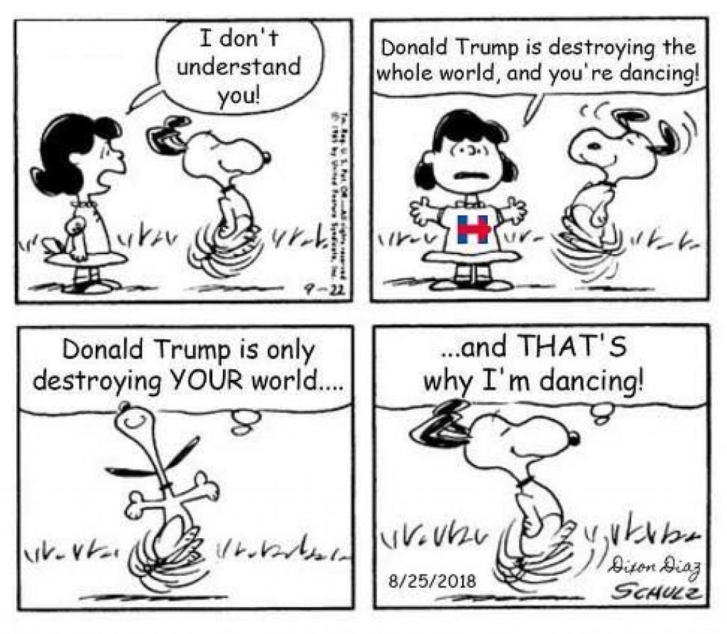memes - peanuts donald trump - I don't understand Donald Trump is destroying the whole world, and you're dancing! you! helyet Donald Trump is only destroying Your world... ...and That'S why I'm dancing! lukertas urbrised luvenky Punkaba 8252018 Il dison B