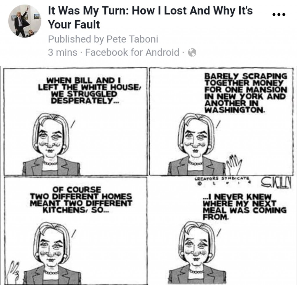 memes - cartoon - ... It Was My Turn How I Lost And Why It's Your Fault Published by Pete Taboni 3 mins Facebook for Android When Bill And I Left The White House, We Struggled Desperately... Barely Scraping Together Money For One Mansion In New York And A