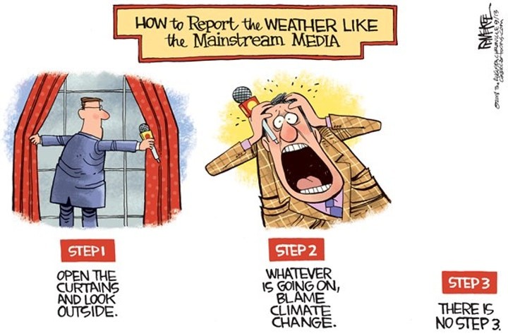 cartoonist rick mckee climate change - How to Report the Weather the Mainstream Media Br Stepi Open The Curtains And Look Outside Step 2 Whatever 15 Going On, Blame Climate Change Step 3 There Is No Step 3