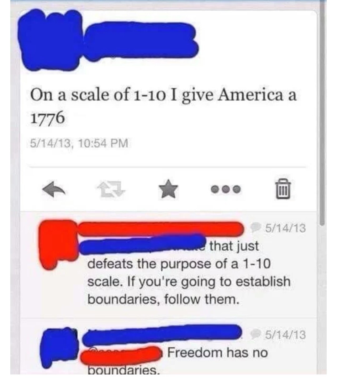 scale of one to america - On a scale of 110 I give America a 1776 51413, 51413 that just defeats the purpose of a 110 scale. If you're going to establish boundaries, them. 51413 Freedom has no boundaries.