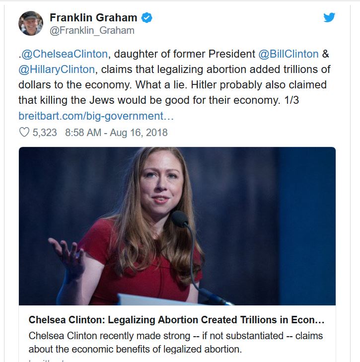 media - Franklin Graham Graham thafran . Clinton, daughter of former President Clinton & Clinton, claims that legalizing abortion added trillions of dollars to the economy. What a lie. Hitler probably also claimed that killing the Jews would be good for t