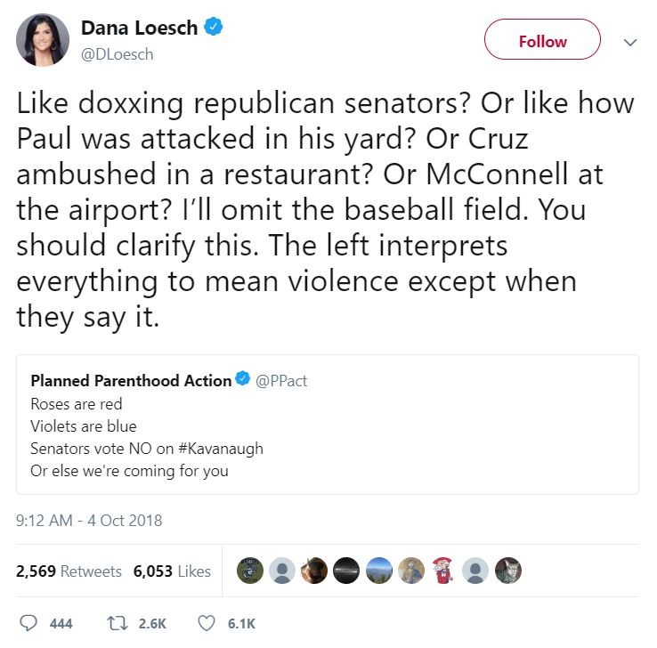 Dana Loesch D doxxing republican senators? Or how Paul was attacked in his yard? Or Cruz ambushed in a restaurant? Or McConnell at the airport? I'll omit the baseball field. You should clarify this. The left interprets everything to mean violence except…