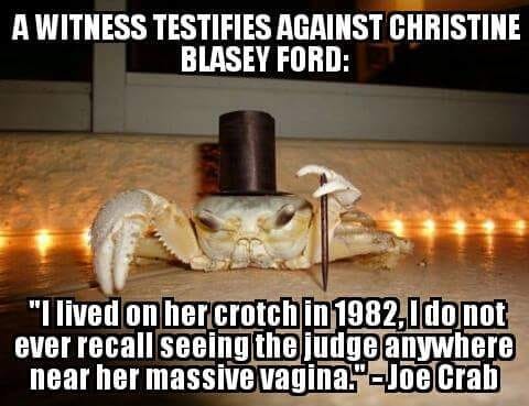 crab - A Witness Testifies Against Christine Blasey Ford "I lived on her crotch in 1982,I do not ever recall seeing the judge anywhere near her massive vagina."Joe Crab