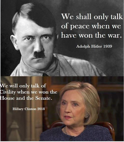 We shall only talk of peace when we have won the war. Adolph Hitler 1939 We will only talk of Civility when we won the House and the Senate. Hillary Clinton 2018