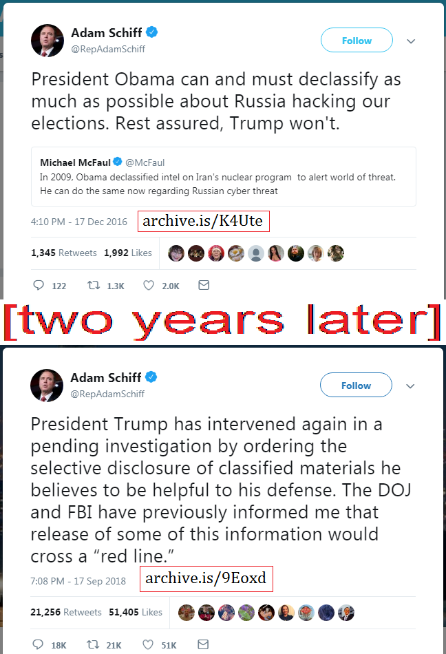 web page - Adam Schiff v President Obama can and must declassify as much as possible about Russia hacking our elections. Rest assured, Trump won't. Michael McFaul In 2009, Obama declassified intel on Iran's nuclear program to alert world of threat. He can