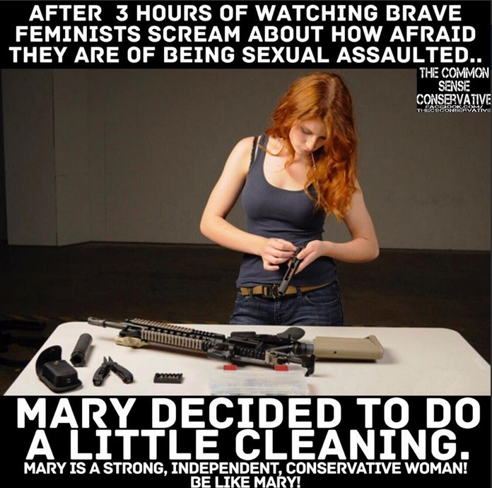 conservative woman memes - After 3 Hours Of Watching Brave Feminists Scream About How Afraid They Are Of Being Sexual Assaulted.. The Common Sense Conservative Mary Decided To Do A Little Cleaning. Mary Is A Strong, Independent, Conservative Woman! Be Mar