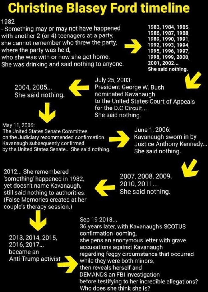 graphics - Christine Blasey Ford timeline 1982 Something may or may not have happened 1983, 1984, 1985, with another 2 or 4 teenagers at a party, 1986, 1987, 1988, 1989, 1990, 1991, she cannot remember who threw the party, 1992, 1993, 1994, where the part