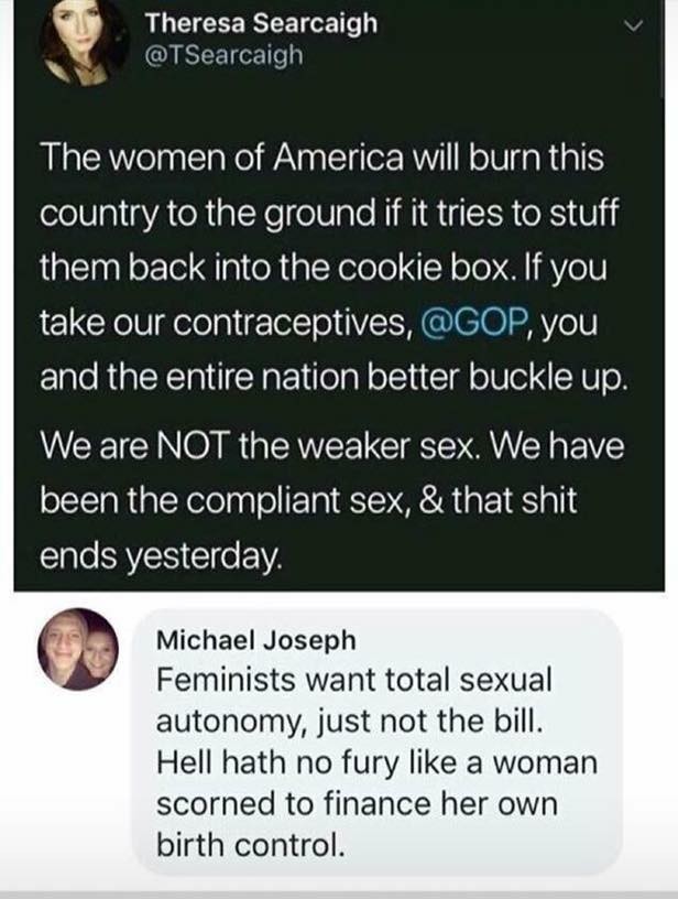 material - Theresa Searcaigh The women of America will burn this country to the ground if it tries to stuff them back into the cookie box. If you take our contraceptives, , you and the entire nation better buckle up. We are Not the weaker sex. We have bee