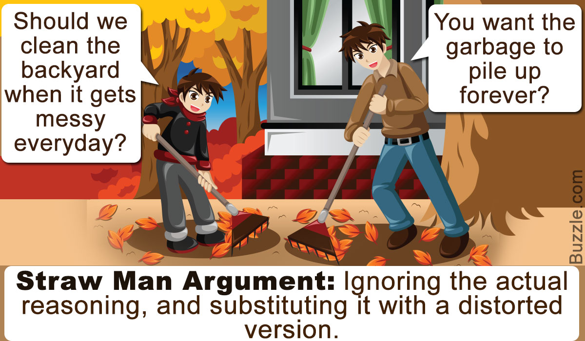 strawman argument - Should we clean the backyard when it gets messy everyday? You want the garbage to pile up forever? Buzzle.com Straw Man Argument Ignoring the actual reasoning, and substituting it with a distorted version.