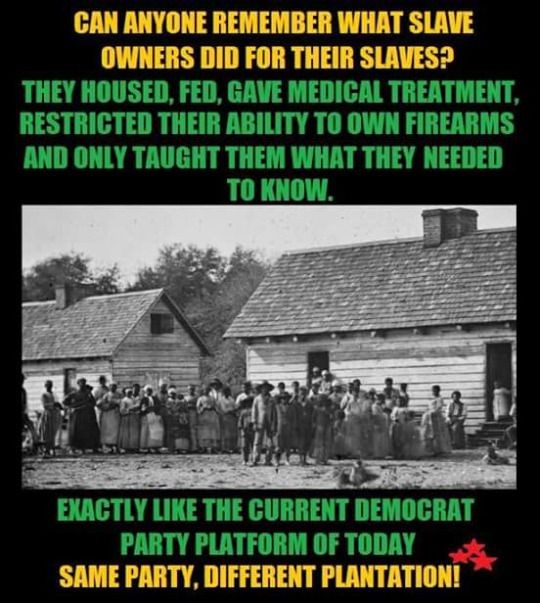 democrats slaves - Can Anyone Remember What Slave Owners Did For Their Slaves? They Housed, Fed, Gave Medical Treatment, Restricted Their Ability To Own Firearms And Only Taught Them What They Needed To Know. Exactly The Current Democrat Party Platform Of
