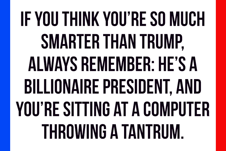 angle - If You Think You'Re So Much Smarter Than Trump, Always Remember He'S A Billionaire President, And You'Re Sitting At A Computer Throwing A Tantrum.