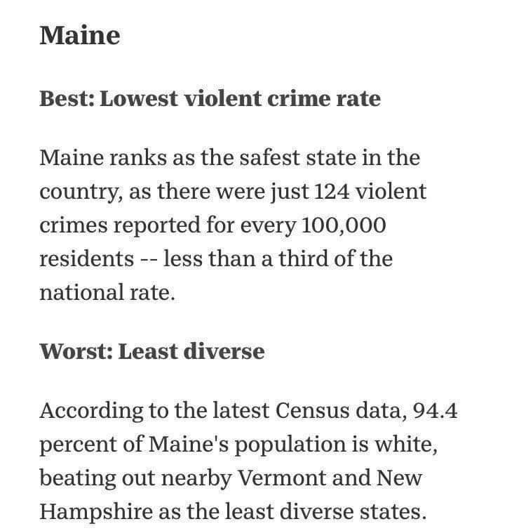 document - Maine Best Lowest violent crime rate Maine ranks as the safest state in the country, as there were just 124 violent crimes reported for every 100,000 residents less than a third of the national rate. Worst Least diverse According to the latest 