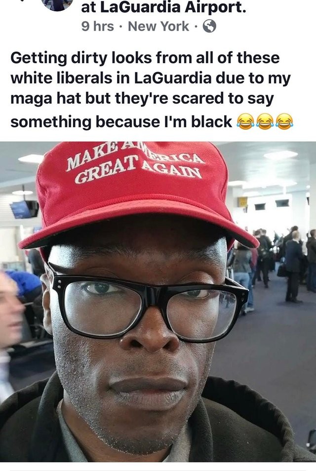 anthony brian logan - at La Guardia Airport. 9 hrs New York Getting dirty looks from all of these white liberals in LaGuardia due to my maga hat but they're scared to say something because I'm black eee Makea Mereat Gata