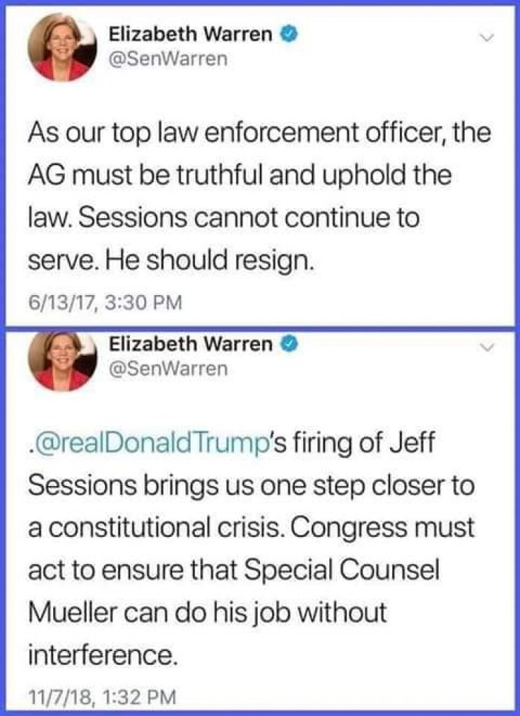 web page - Elizabeth Warren As our top law enforcement officer, the Ag must be truthful and uphold the law. Sessions cannot continue to serve. He should resign. 61317, Elizabeth Warren . Trump's firing of Jeff Sessions brings us one step closer to a const