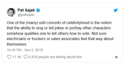 document - Pat Sajak One of the many odd conceits of celebrityhood is the notion that the ability to sing or tell jokes or portray other characters somehow qualifies one to tell others how to vote. Not sure electricians or truckers or sales associates fee