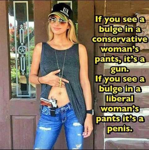 memes - conservative women vs liberal women - If you see a bulge in a conservative woman's pants, it's a gun. If you see a bulge in a liberal woman's pants it's a penis.