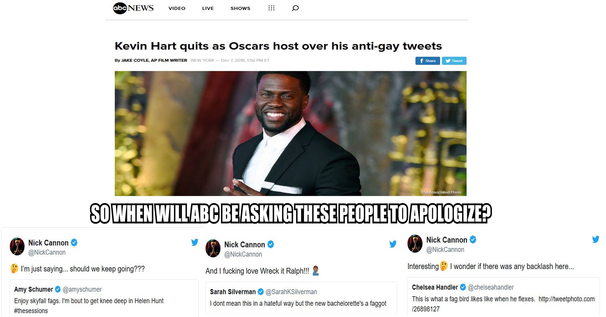 website - abc News Video Live Shows O Kevin Hart quits as Oscars host over his antigay tweets By Jake Coyle, Ap Film Writer New York , Et f Tweet The Associated Press So When Willabcbe Asking These People To Apologize? Nick Cannon Nick Cannon Cannon Nick 