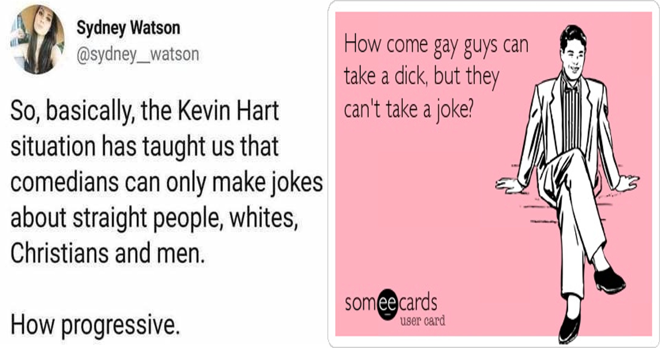 shoulder - Sydney Watson How come gay guys can take a dick, but they can't take a joke? a So, basically, the Kevin Hart situation has taught us that comedians can only make jokes about straight people, whites, Christians and men. somee cards How progressi